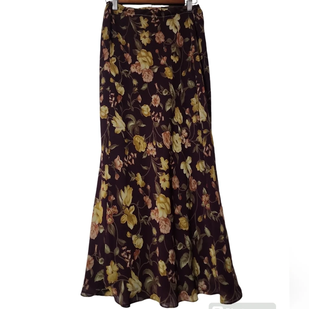 Vintage Maroon Floral Rose Maxi Skirt Side Button Sheer Overlay Boho Grunge
